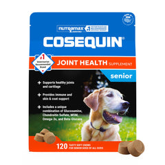 Nutramax Cosequin envase frontal mostrando 120 soft chews, práctico para administración