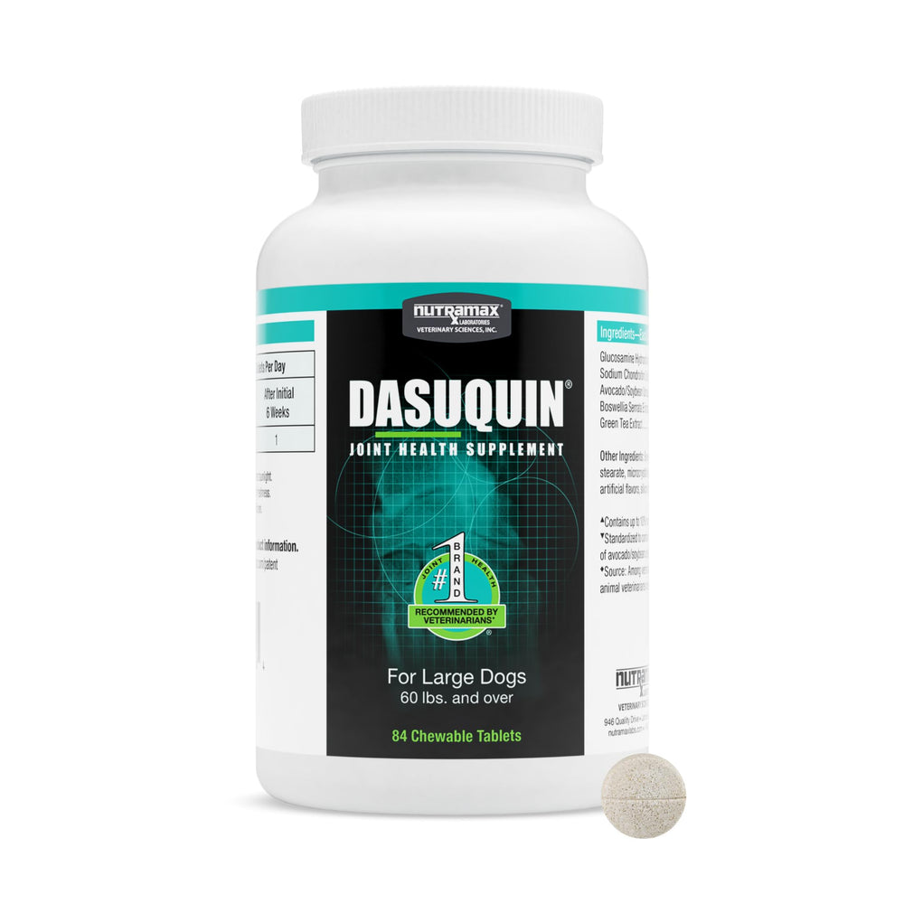 Nutramax Dasuquin frente del envase mostrando 84 comprimidos y beneficio confianza