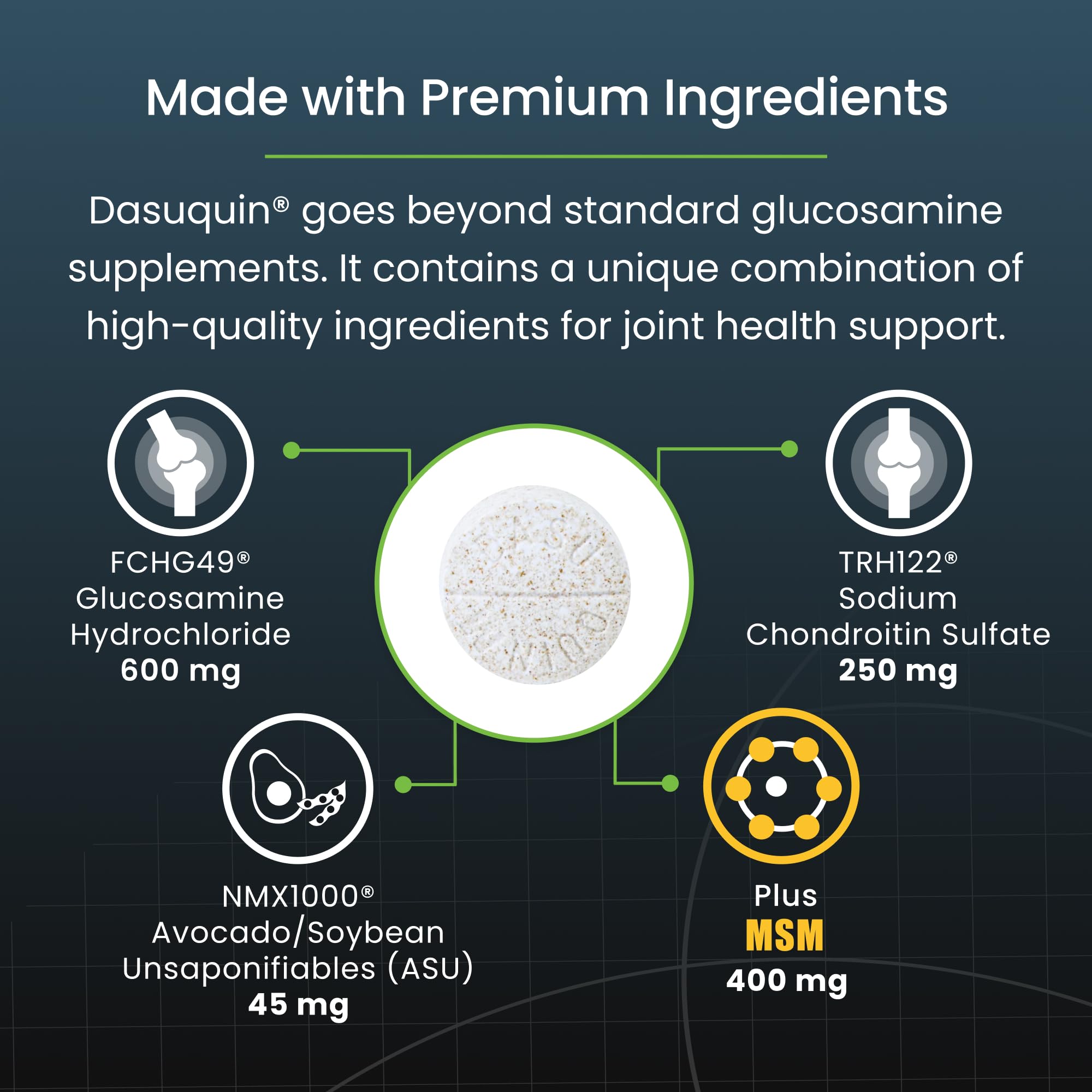 Nutramax Dasuquin MSM envase en escala con silueta de perro para referencia de tamaño