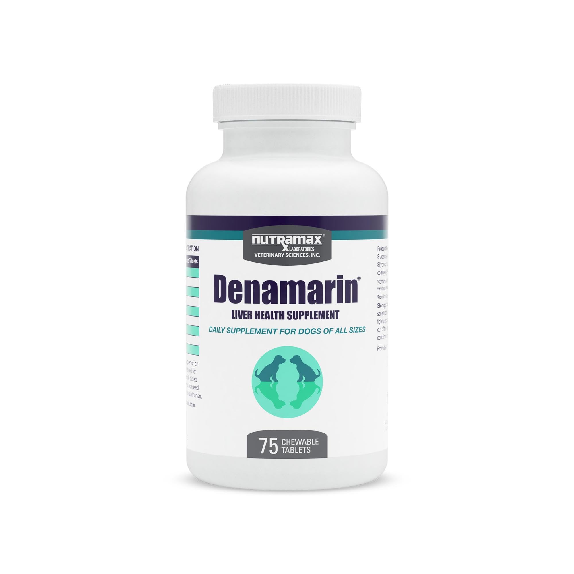 Nutramax Denamarin frente del empaque mostrando tabletas masticables y beneficio de soporte hepático
