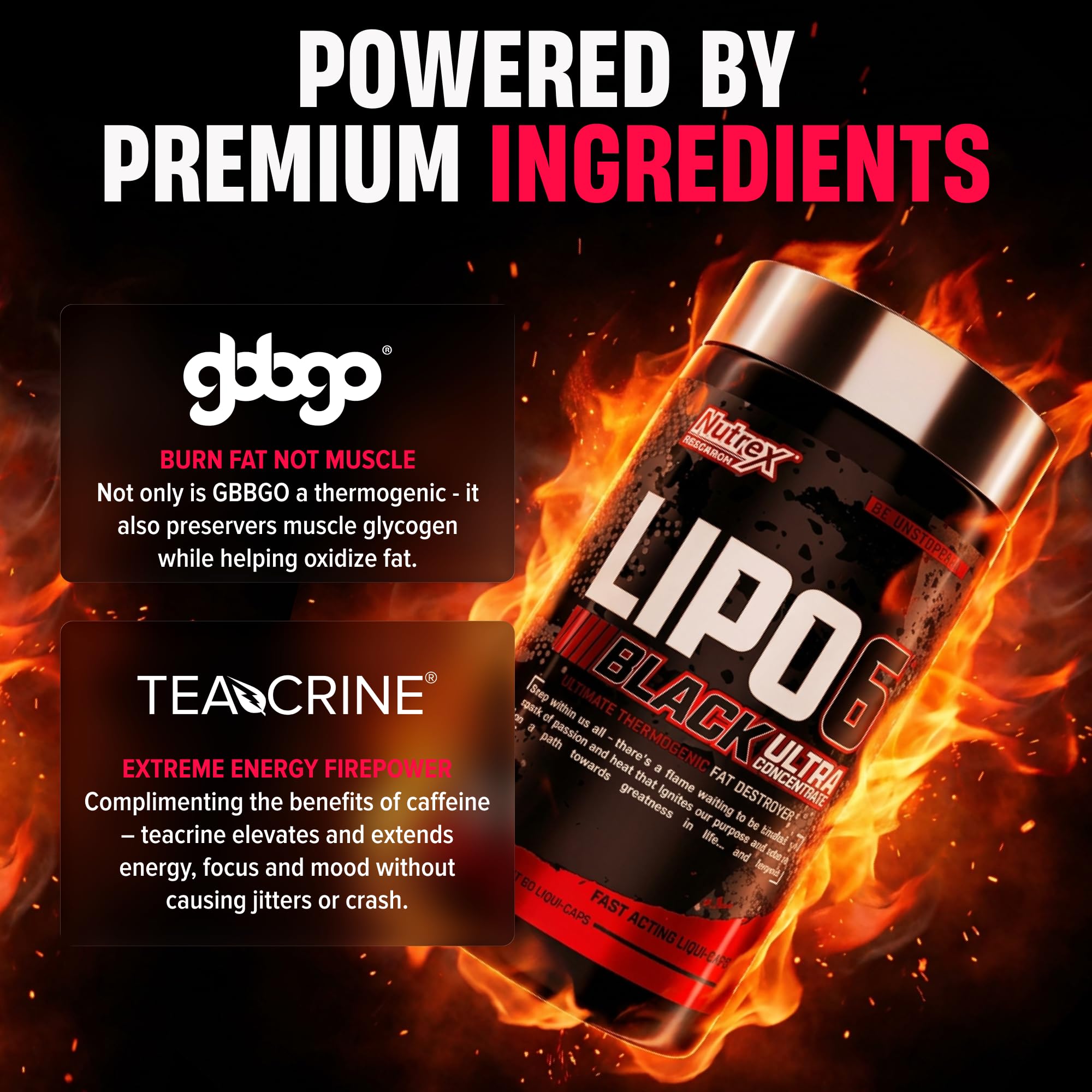 Nutrex botella Lipo-6 junto a ropa deportiva sugiere apoyo al entrenamiento