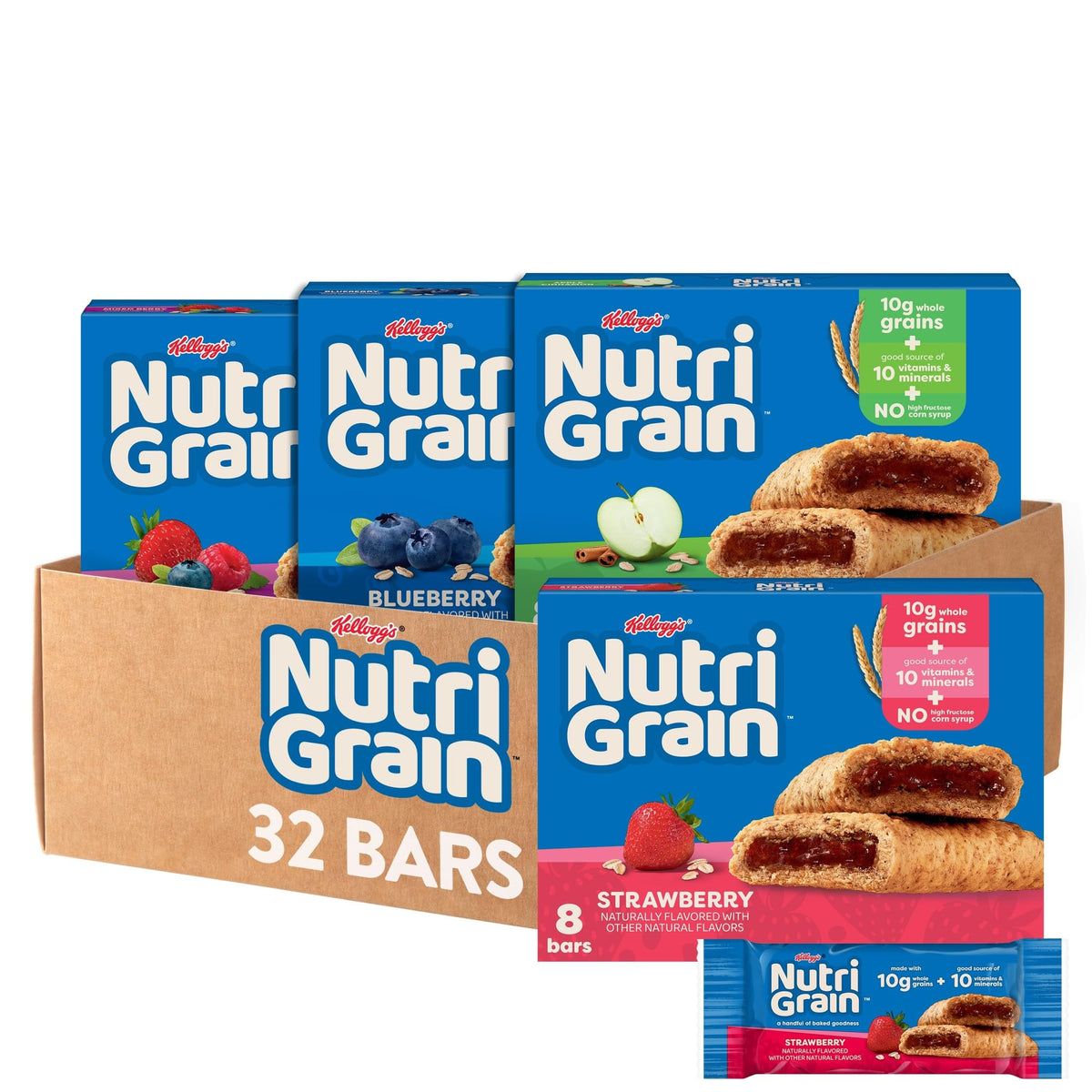 Nutri Grain frente del empaque mostrando variedad y conveniencia