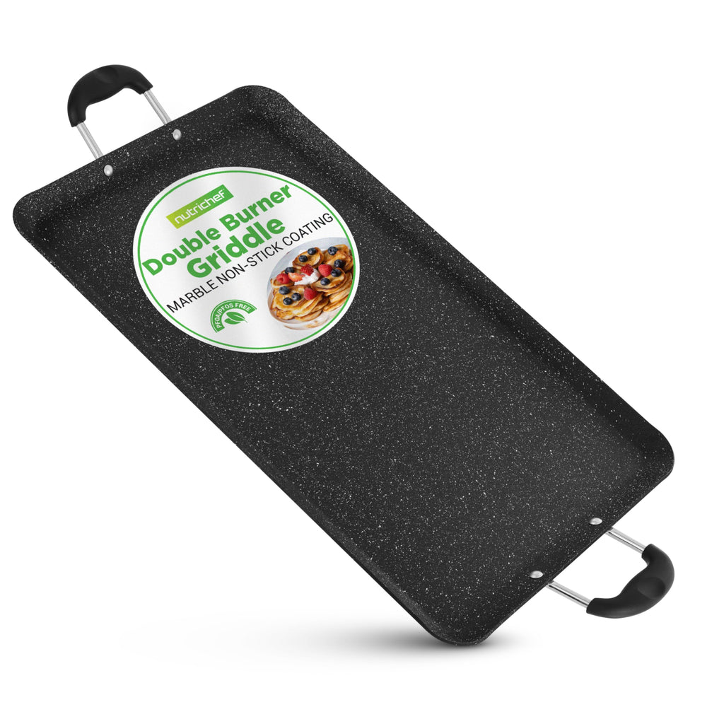 NutriChef plancha doble frontal mostrando superficie amplia y beneficio de cocinar más porciones