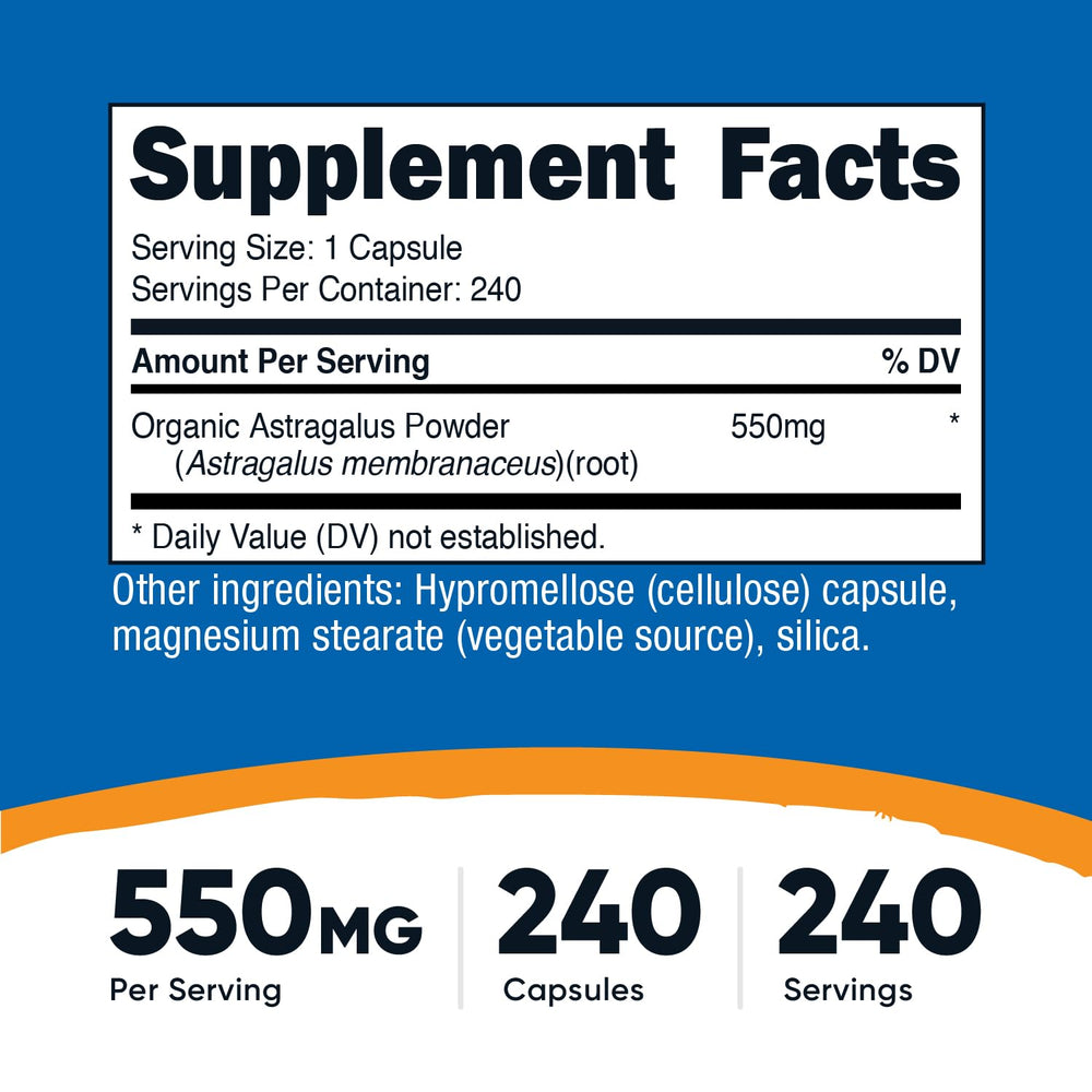 Nutricost astragalus primer plano de una cápsula vegetal fácil de tragar