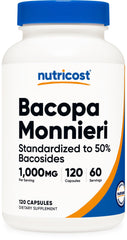 Botella Nutricost Bacopa Monnieri frontal mostrando 120 cápsulas y beneficios de pureza