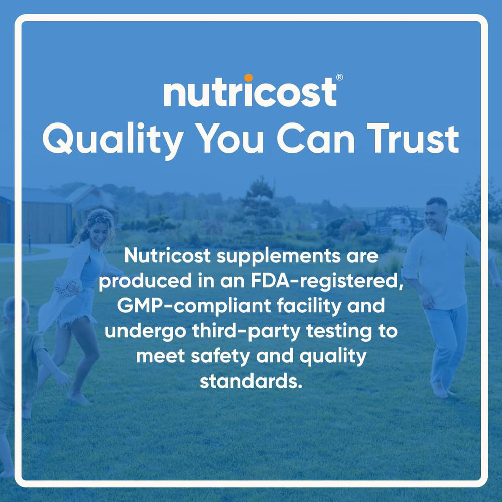 Nutricost empaque con iconos de NSF, GMP y registro FDA demostrando controles