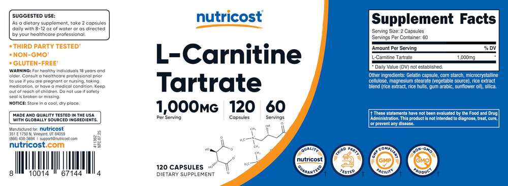 Nutricost botella abierta con cápsulas para mostrar cantidad y presentación