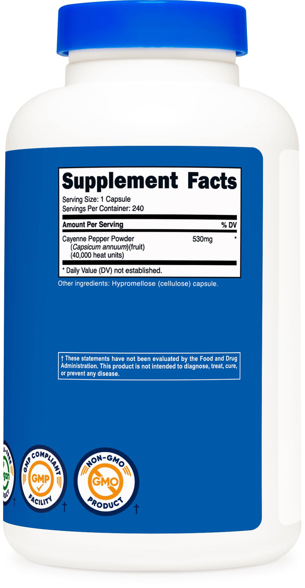 Etiqueta Nutricost Cayenne Pepper mostrando datos nutricionales y certificaciones de calidad