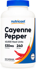 Botella Nutricost Cayenne Pepper frontal mostrando 240 cápsulas y marca Nutricost beneficios de conveniencia