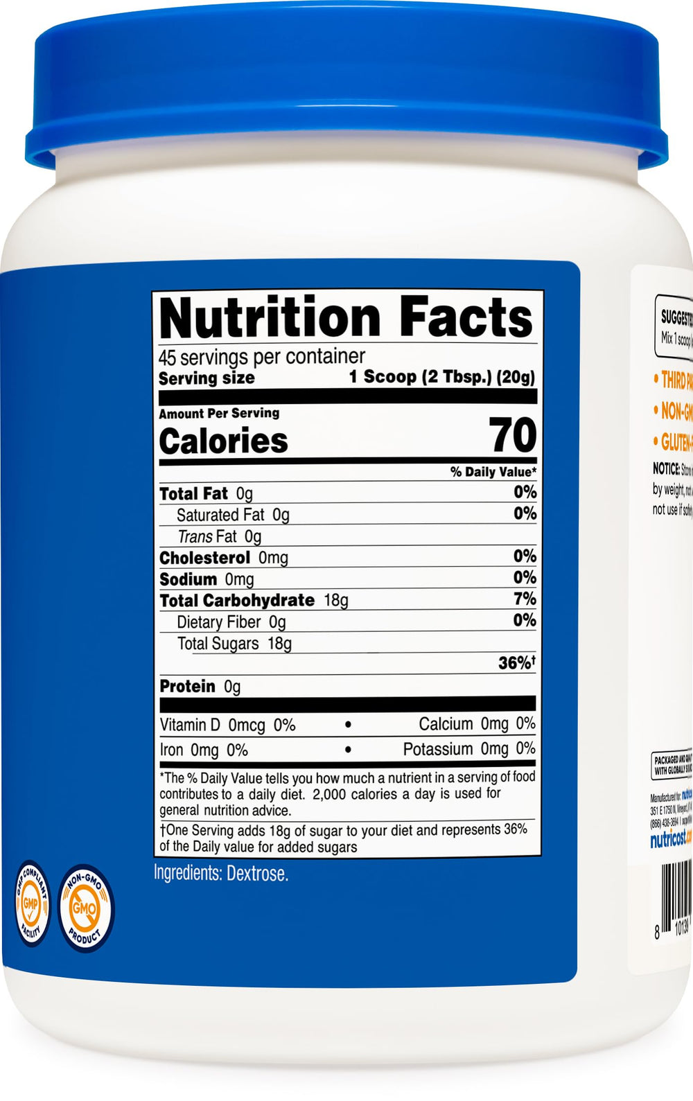 Nutricost etiqueta destacando GMP, NSF y 'solo dextrosa' beneficios