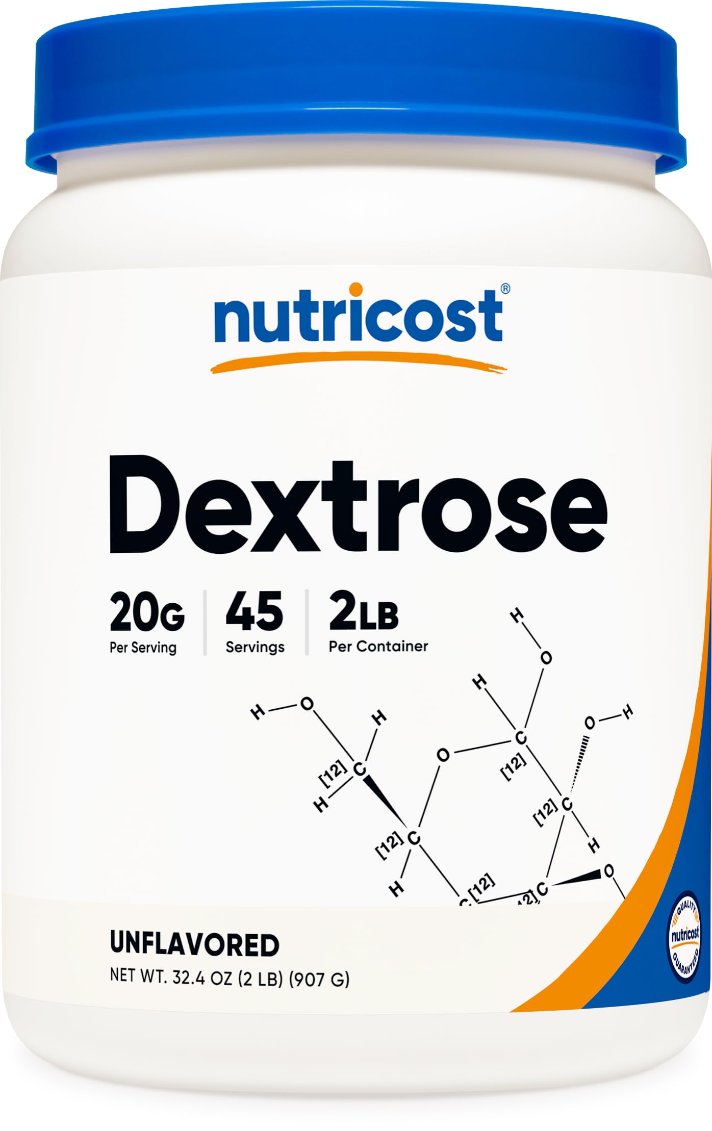 Nutricost envase frontal dextrose 2 lbs mostrando pureza y cantidad