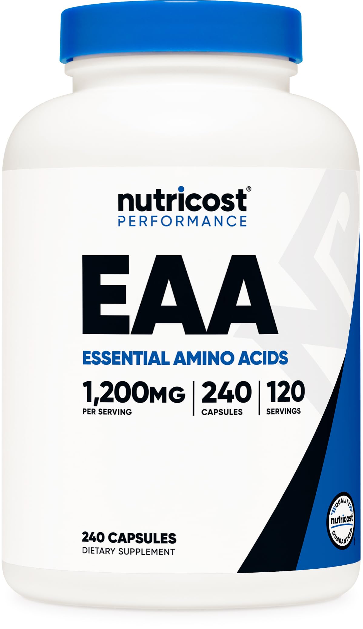Nutricost envase frontal mostrando cápsulas y beneficio de dosis clara