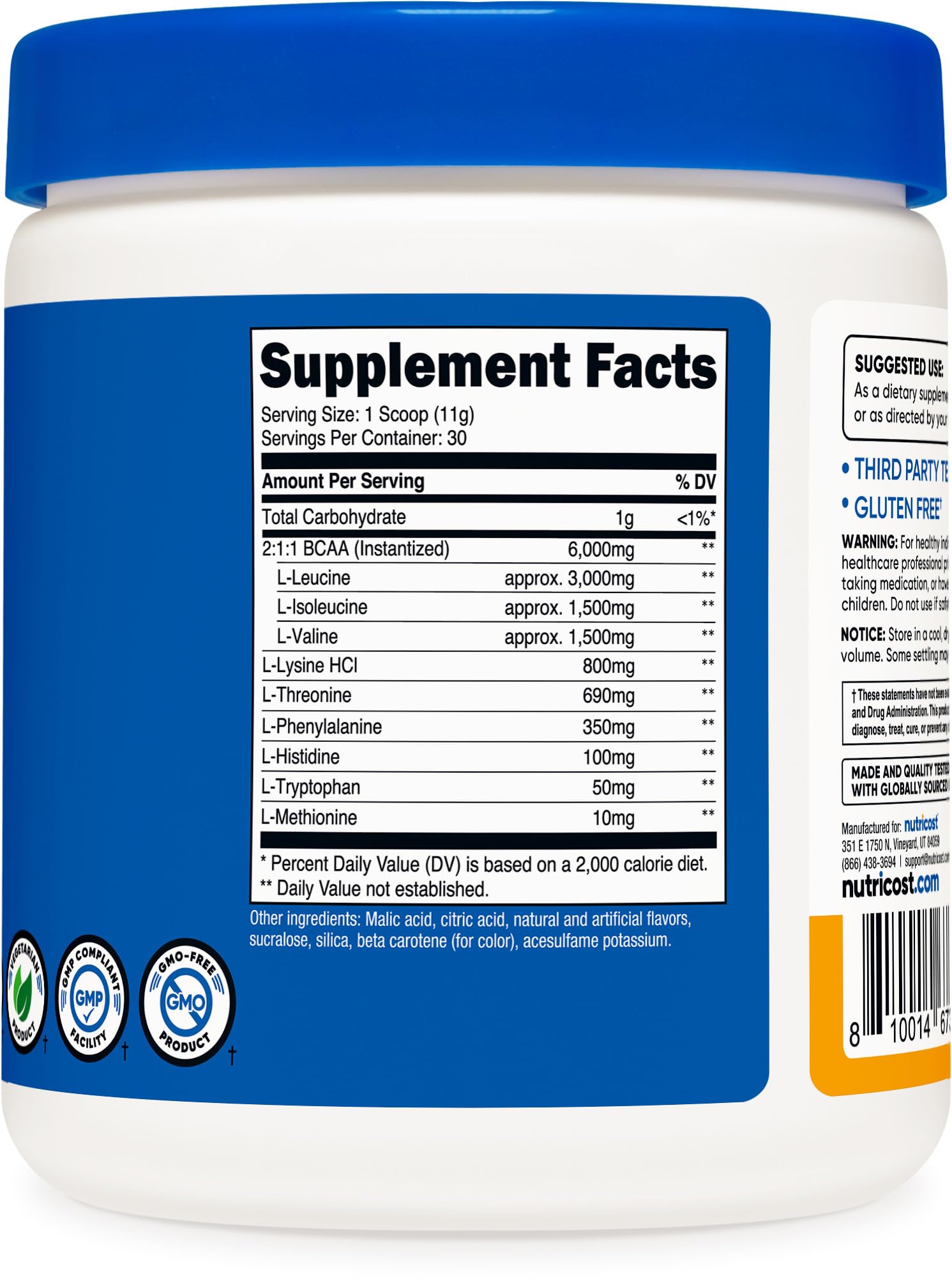 Nutricost etiqueta con lista de EAAs y certificaciones de calidad