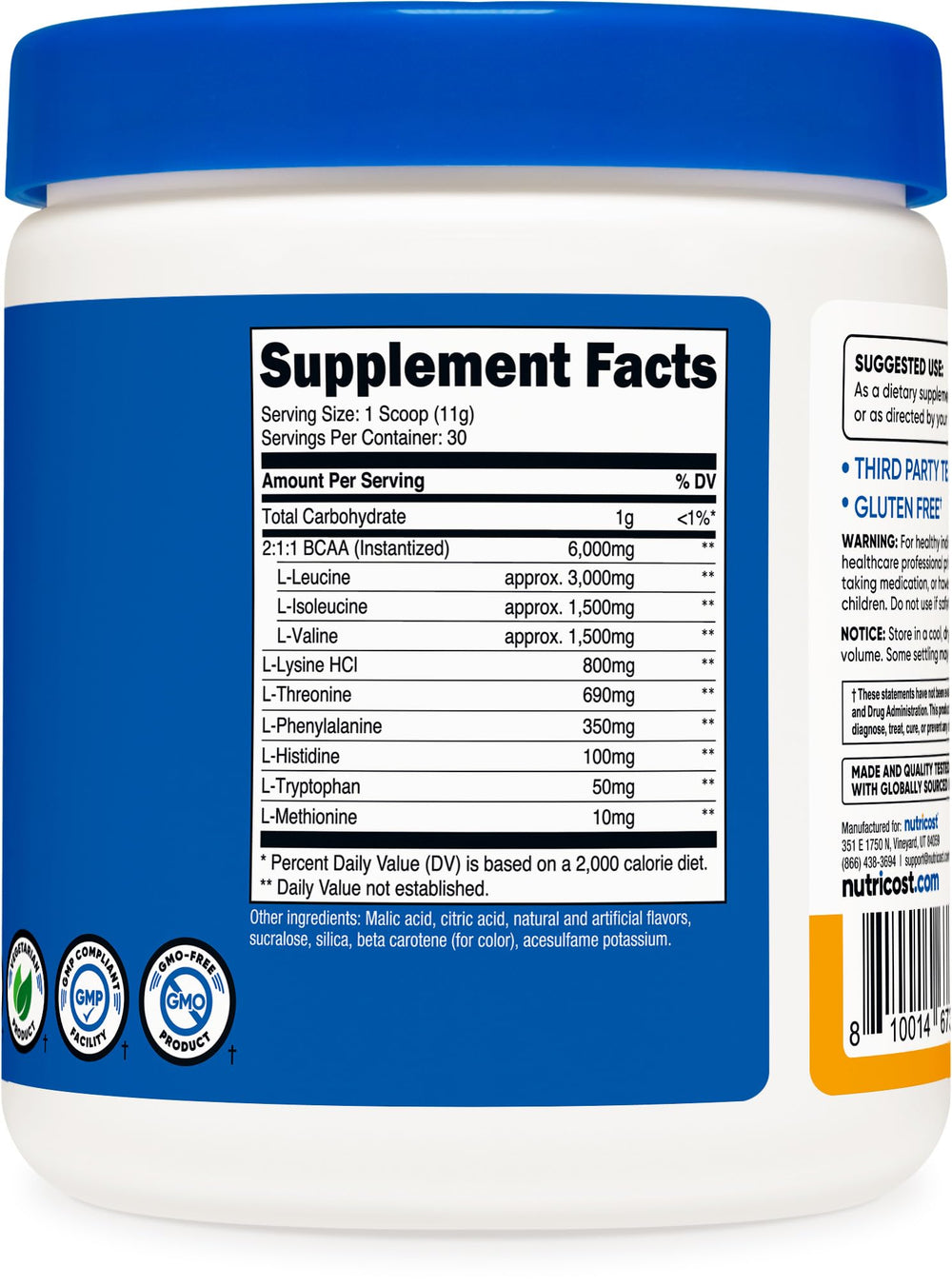 Nutricost etiqueta con lista de EAAs y certificaciones de calidad