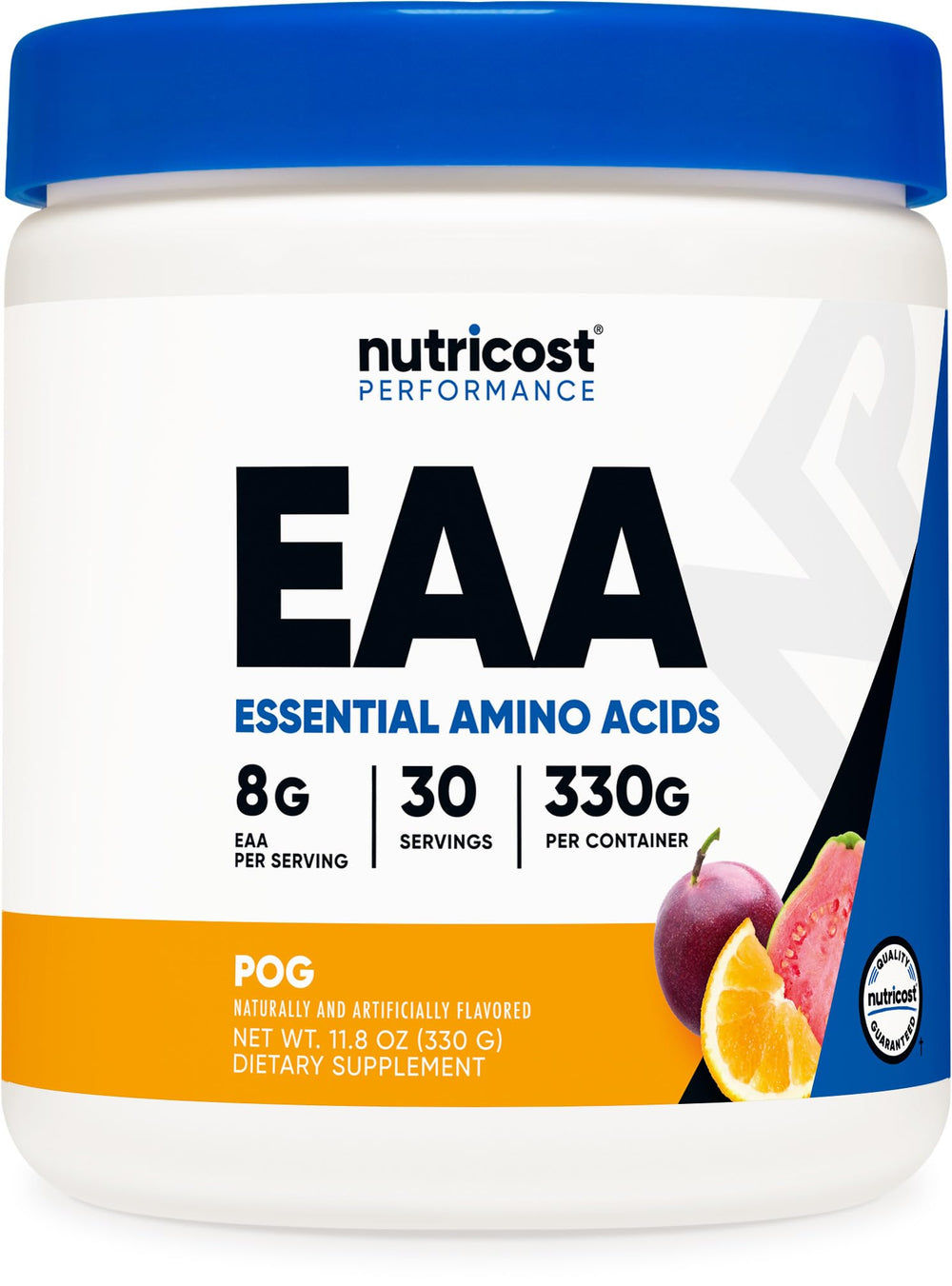 Nutricost envase frontal POG mostrando diseño y porciones