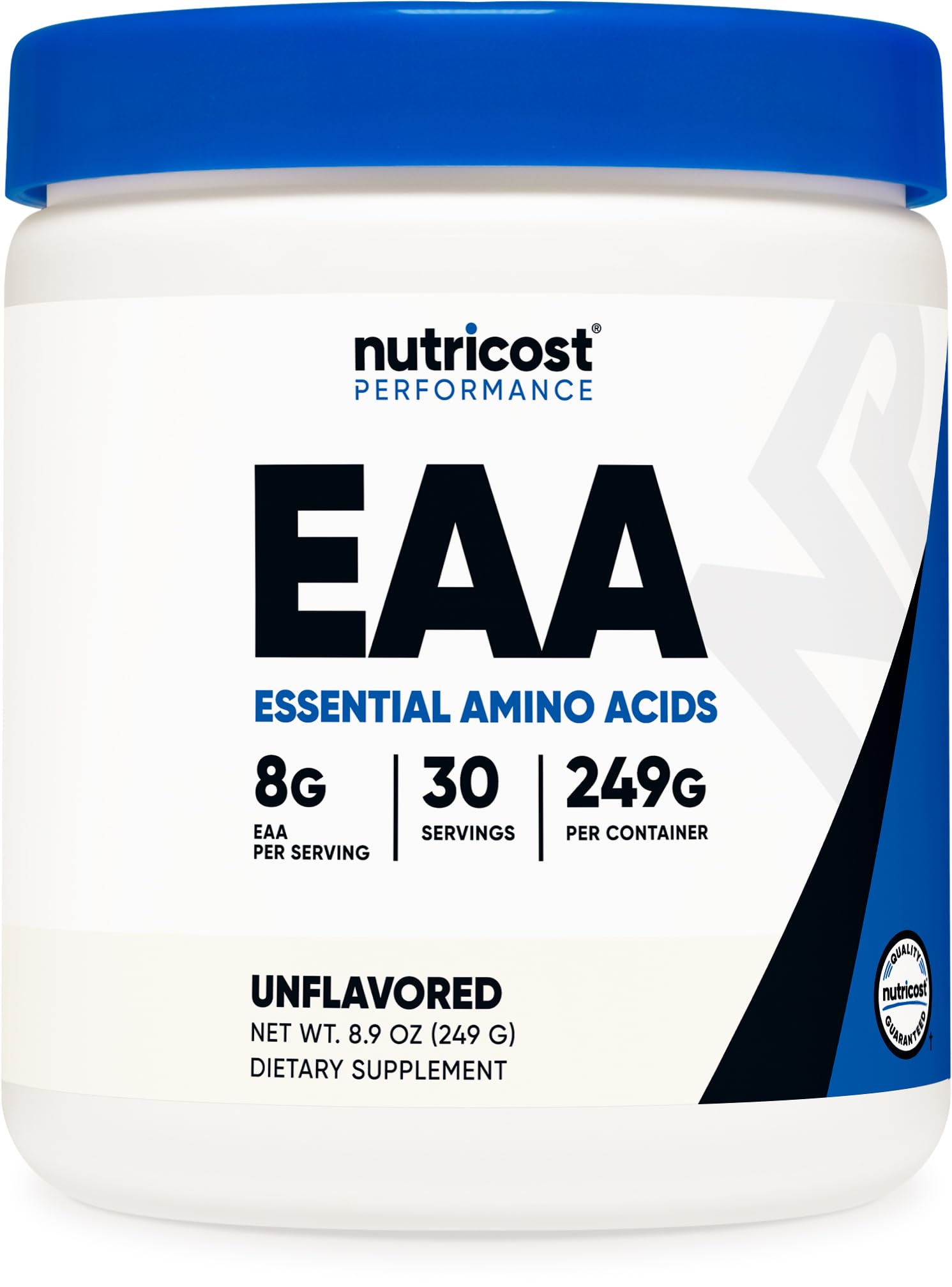 Nutricost envase frontal mostrando etiqueta y volumen, confiabilidad visual