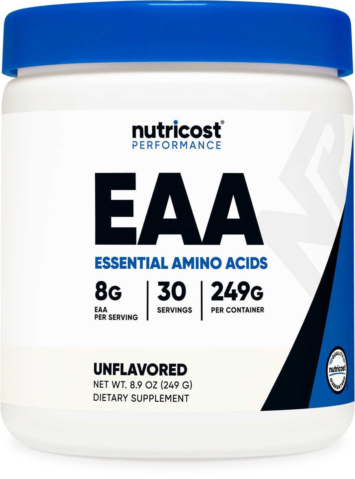 Nutricost envase frontal mostrando etiqueta y volumen, confiabilidad visual