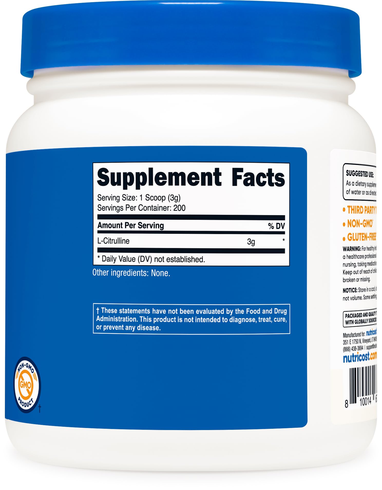 Nutricost etiqueta del producto destacando fábrica registrada y libre gluten