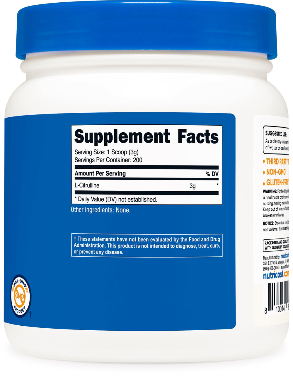 Nutricost etiqueta del producto destacando fábrica registrada y libre gluten