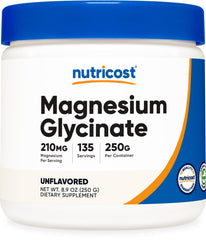 Nutricost envase frontal de magnesio glicinato sin sabor mostrando información clara