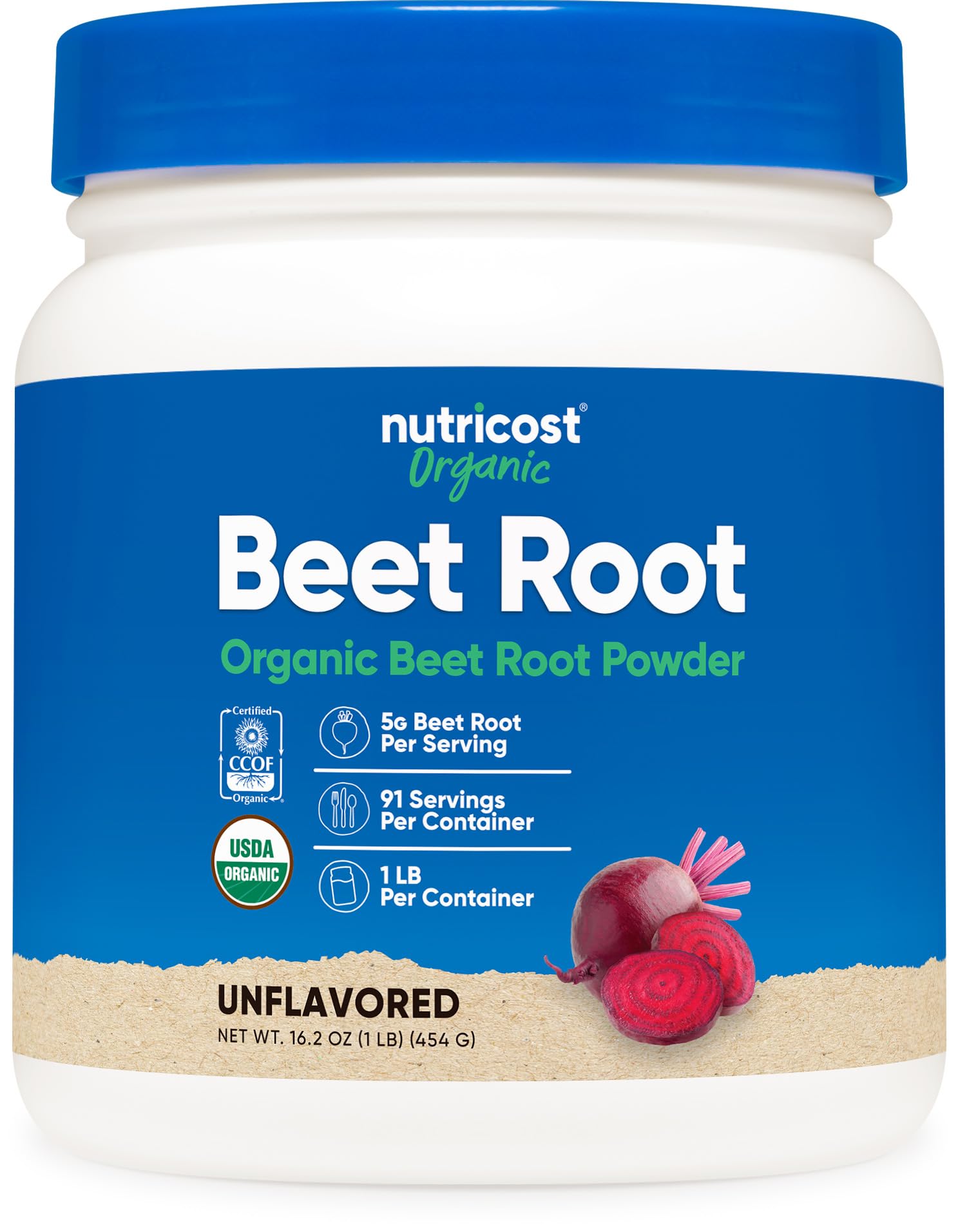 Nutricost envase frontal de remolacha orgánica mostrando etiqueta y beneficio de pureza