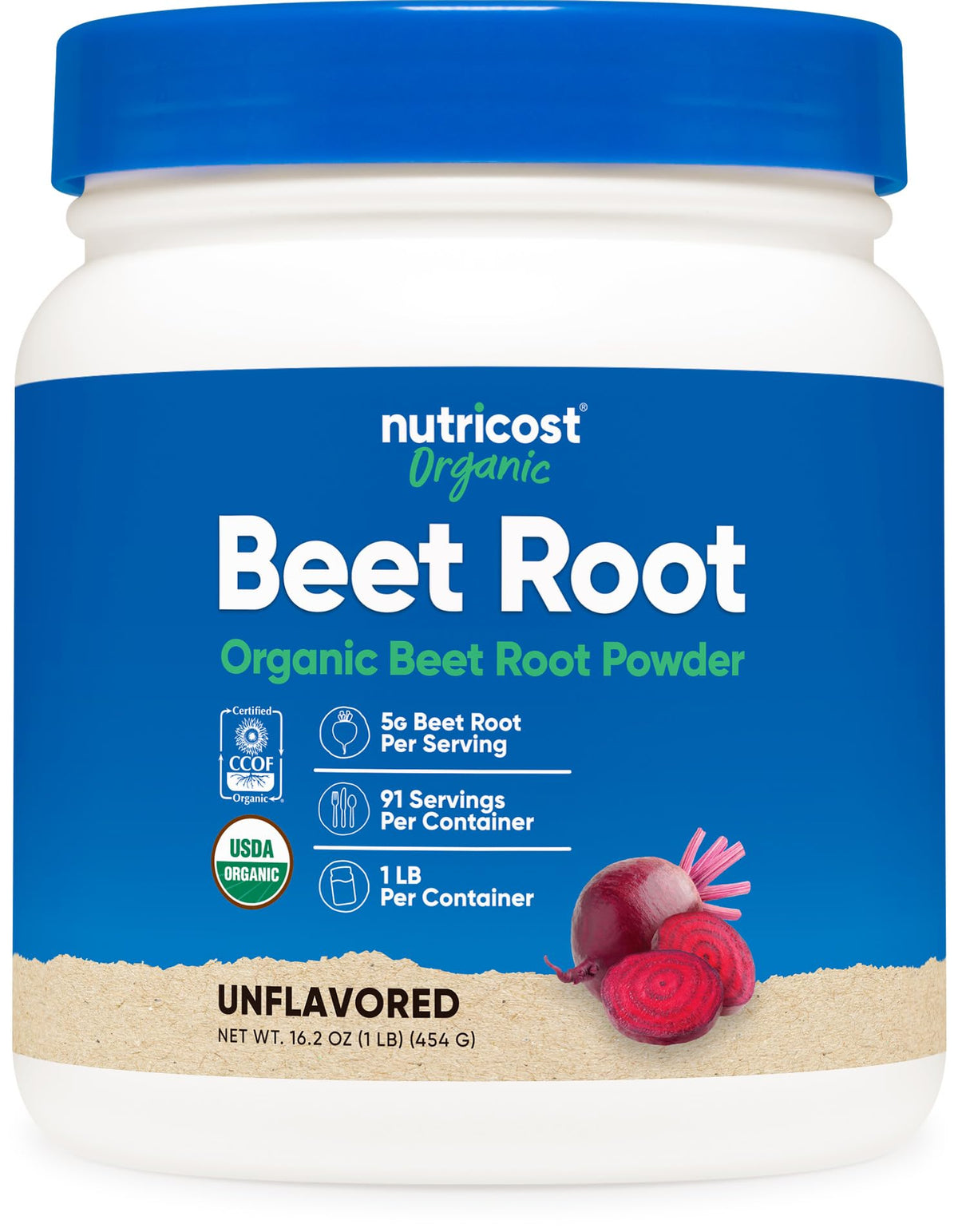Nutricost envase frontal de remolacha orgánica mostrando etiqueta y beneficio de pureza