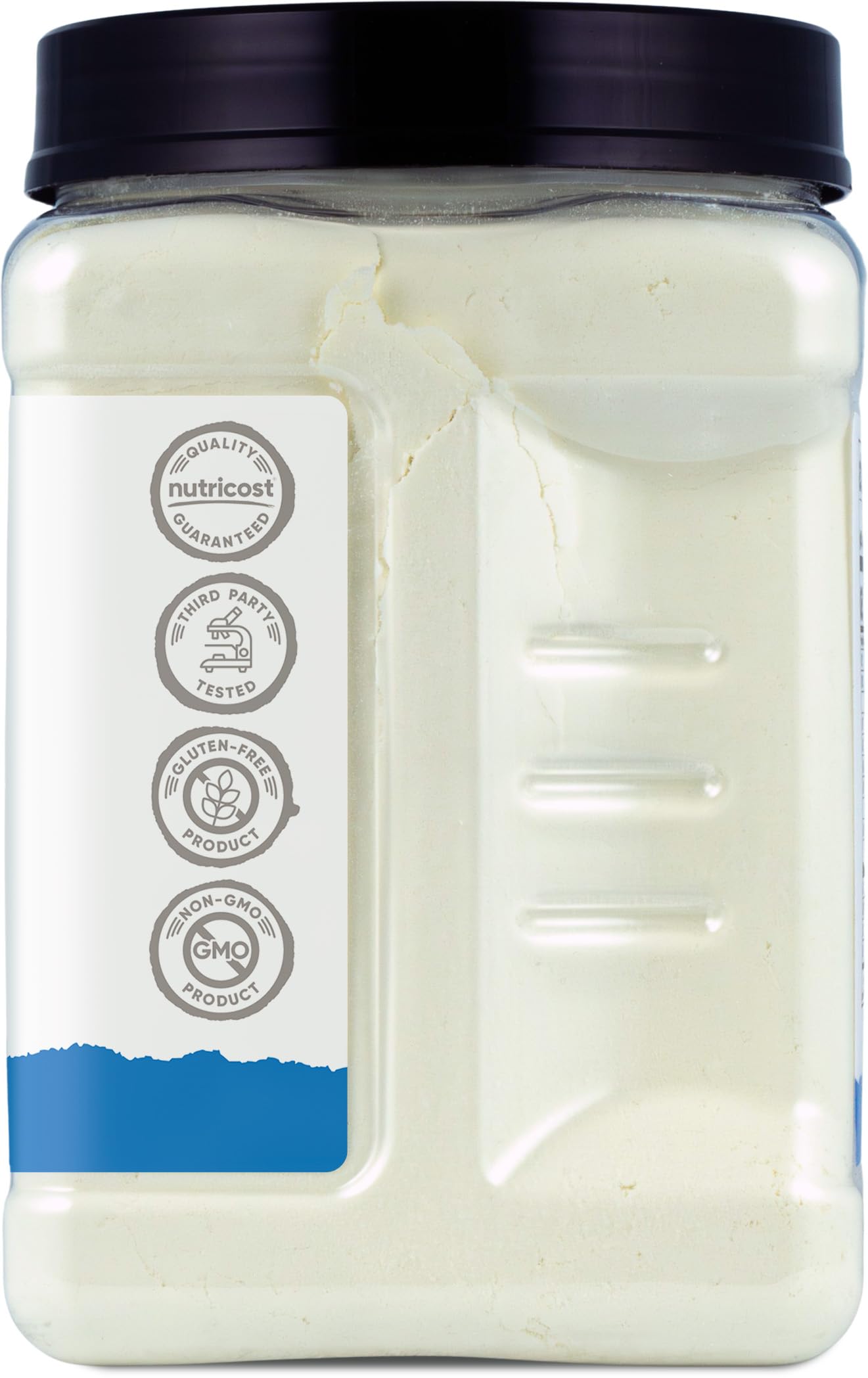 Nutricost etiqueta con sellos GMP, sin gluten y sin OGM visibles