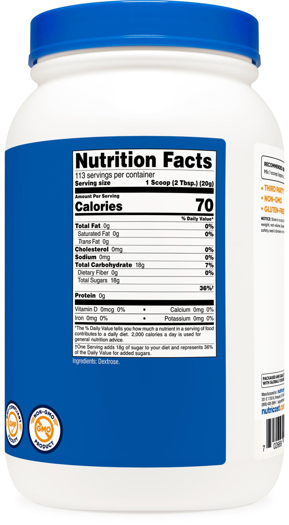 Nutricost etiqueta con certificaciones GMP y sin gluten