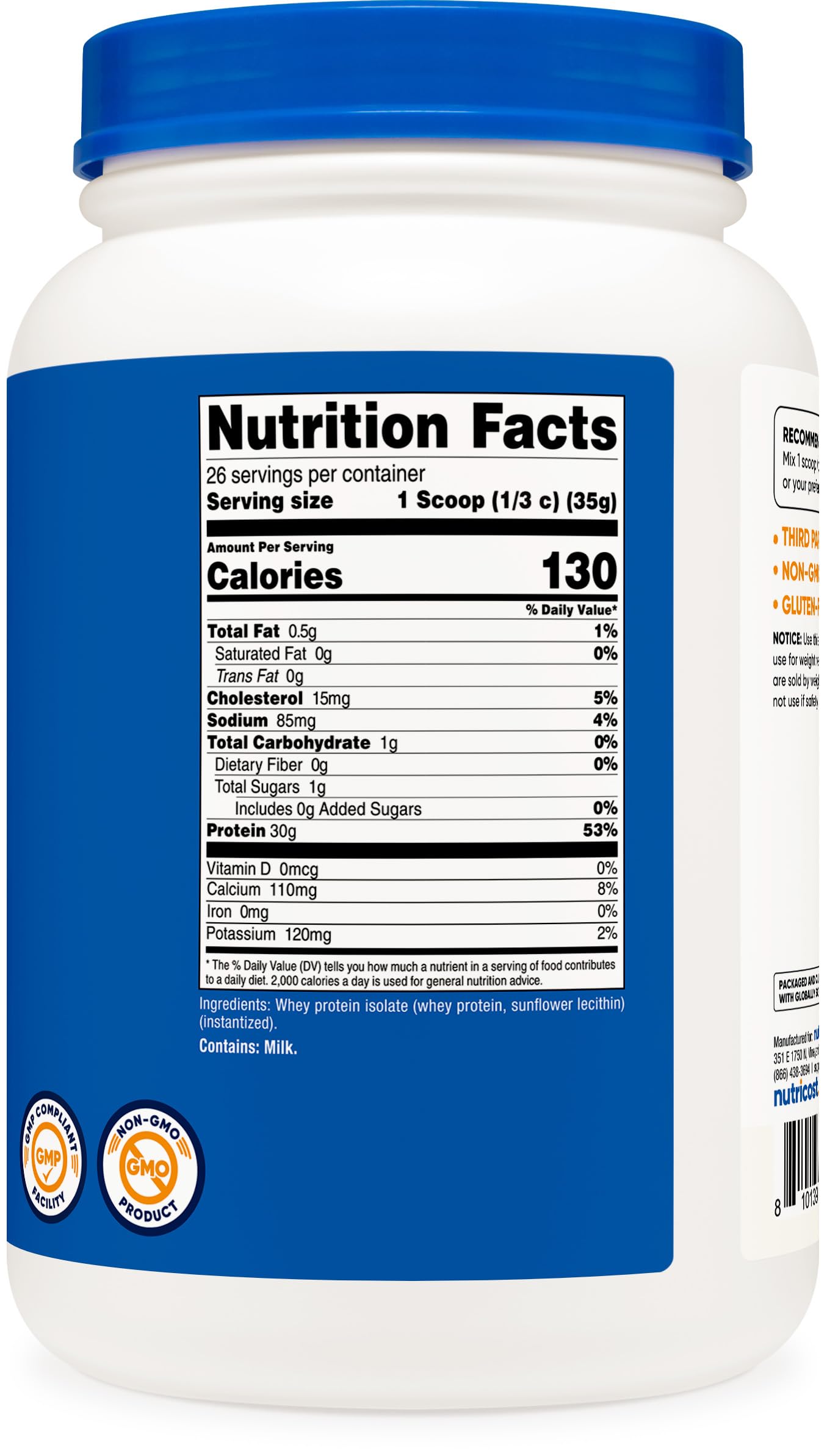 Etiqueta nutricional de Nutricost Whey Protein Isolate enfocando información y pureza del producto