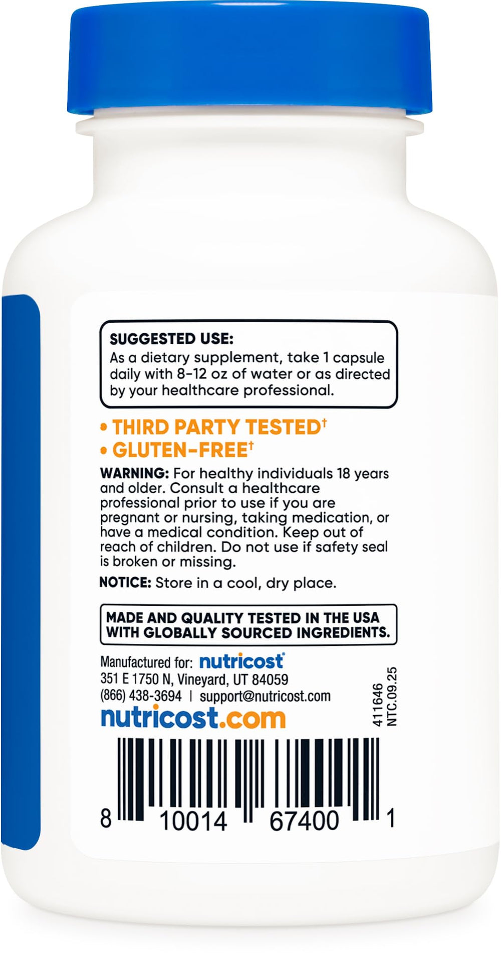 Etiqueta nutricional de Nutricost R-ALA mostrando información de 100 mg por cápsula