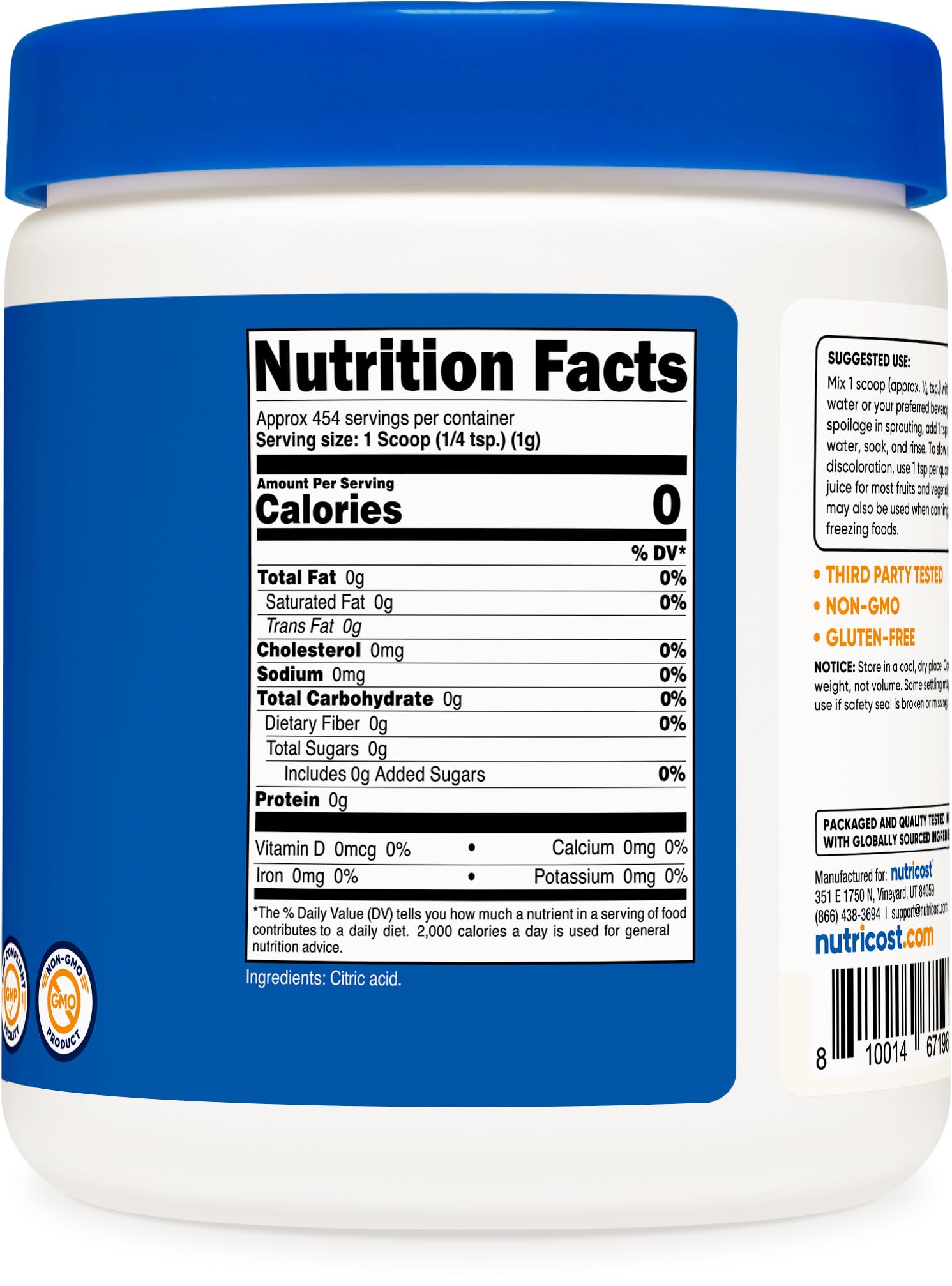 Nutricost etiqueta del envase y lista de ingredientes, fabricación GMP