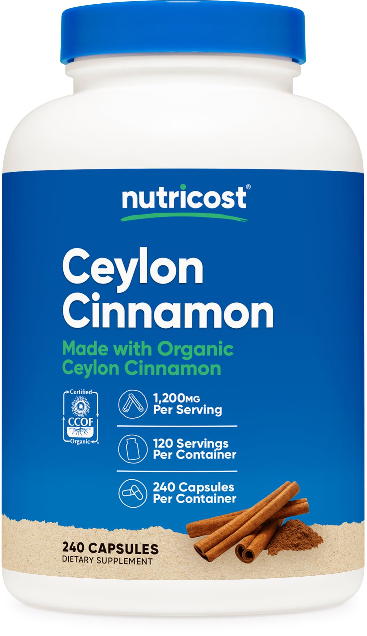 Nutricost frasco Canela de Ceilán frente, presentación clara y cómoda