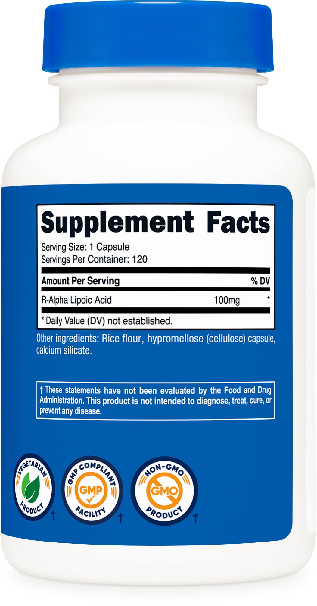 Frasco de Nutricost R-Alpha Lipoic Acid en encimera, ideal para rutina diaria