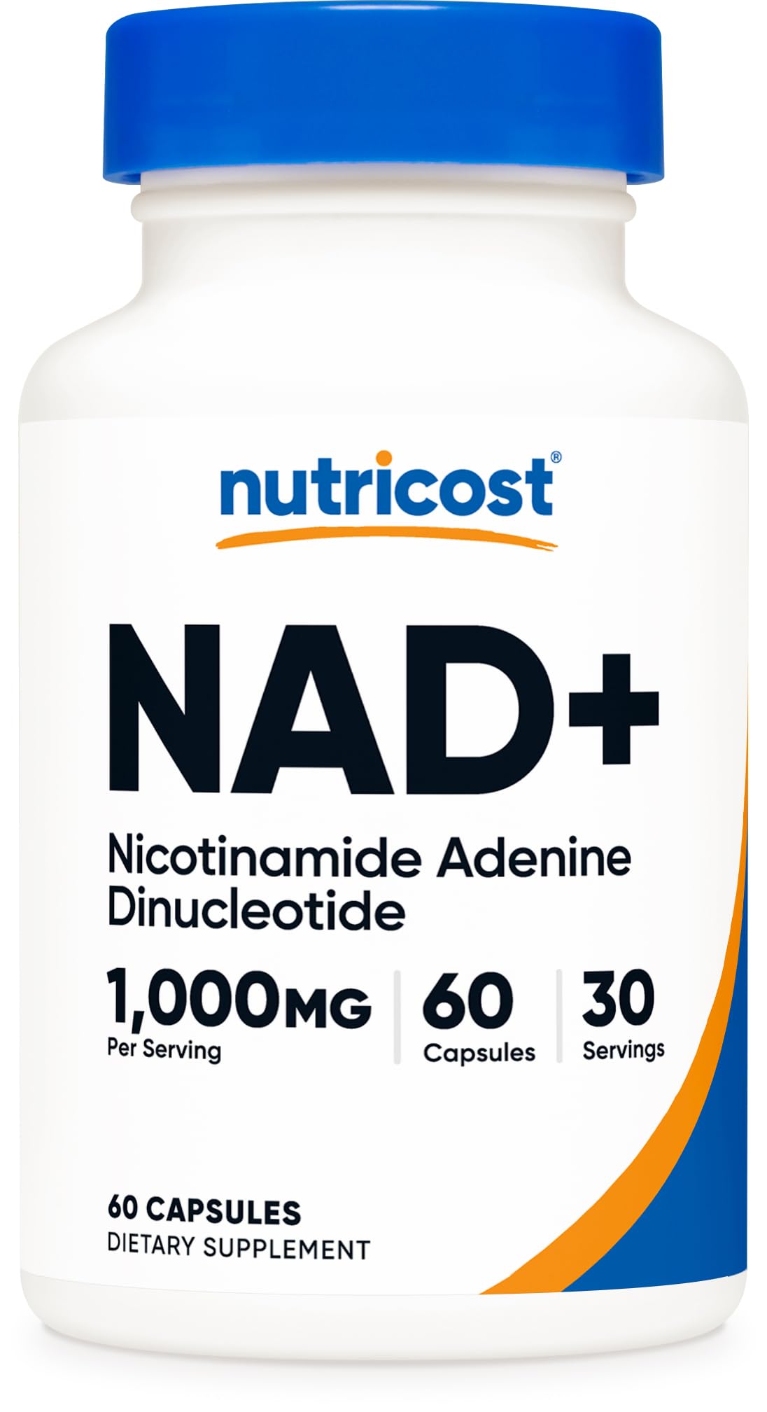 Nutricost frasco frontal mostrando 60 cápsulas y beneficios de dosificación