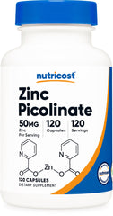 Nutricost frasco frontal de Zinc Picolinato 50 mg, presentación clara y práctica