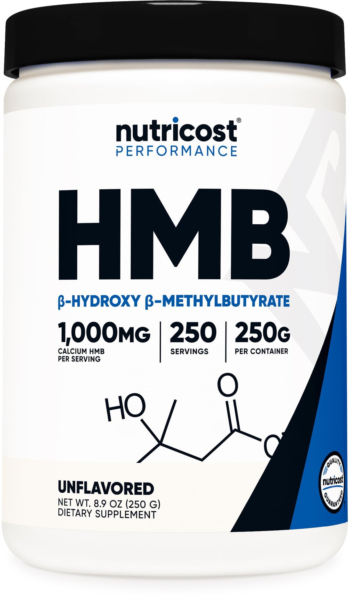 Nutricost frasco frontal HMB Powder mostrando etiqueta y beneficios