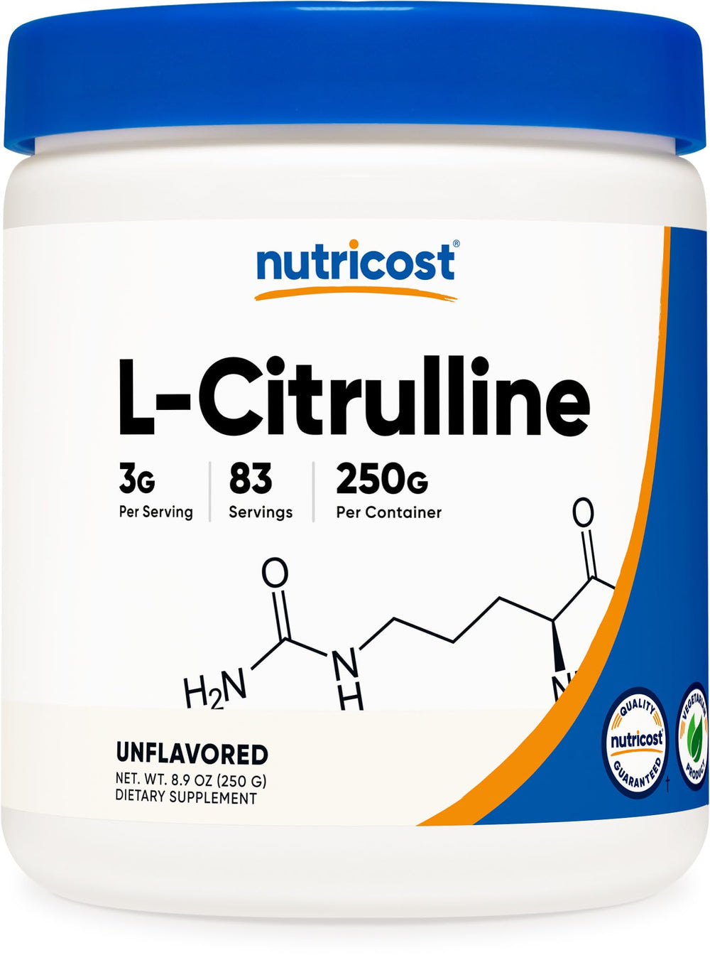 Nutricost bote frontal de L‑Citrulline mostrando tamaño y etiquetado, beneficio de dosificación clara