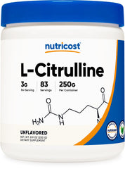 Nutricost bote frontal de L‑Citrulline mostrando tamaño y etiquetado, beneficio de dosificación clara