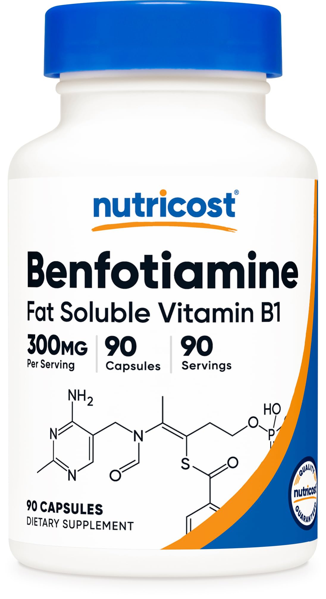 Nutricost envase frontal de benfotiamina 300 mg mostrando el bote y la marca, beneficio: claridad de información