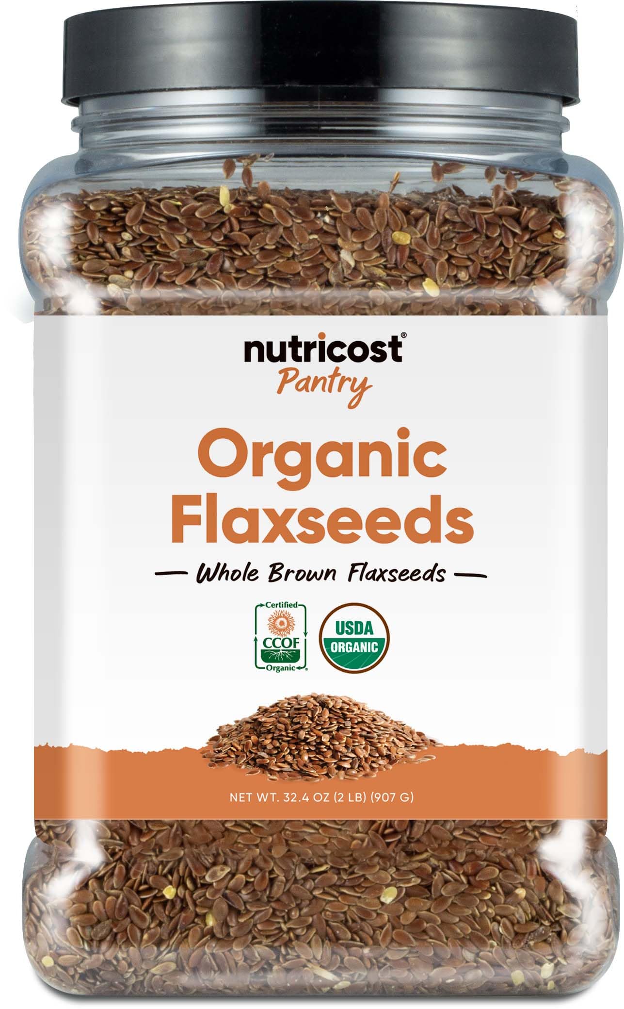 Nutricost envase frontal con semillas de lino orgánicas muestra etiquetado claro