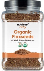Nutricost envase frontal con semillas de lino orgánicas muestra etiquetado claro