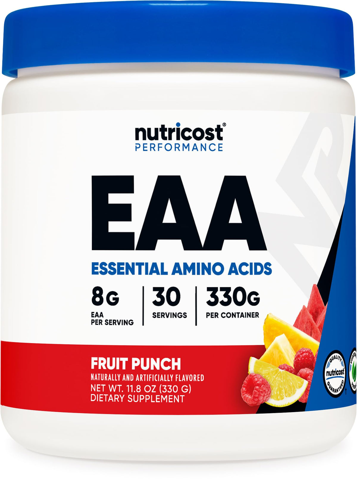 Nutricost envase frontal fruit punch mostrando 30 porciones y 8 g EAAs