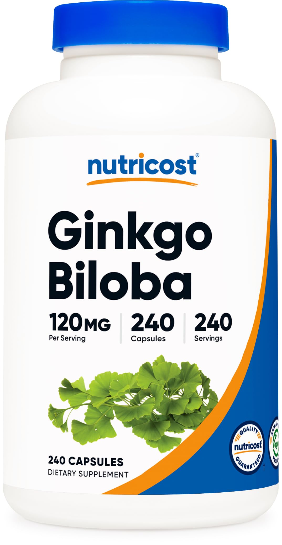 Nutricost frasco frente mostrando diseño y 240 cápsulas como suministro prolongado