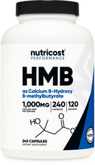 Nutricost frasco HMB 240 cápsulas mostrando portada y cantidad beneficios prácticos