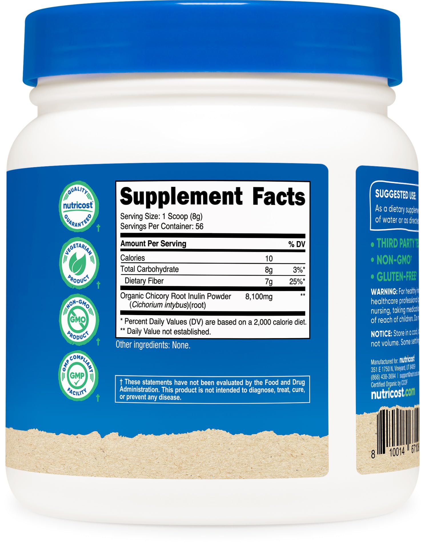 Nutricost inulina etiqueta con sello USDA Organic y libre de gluten