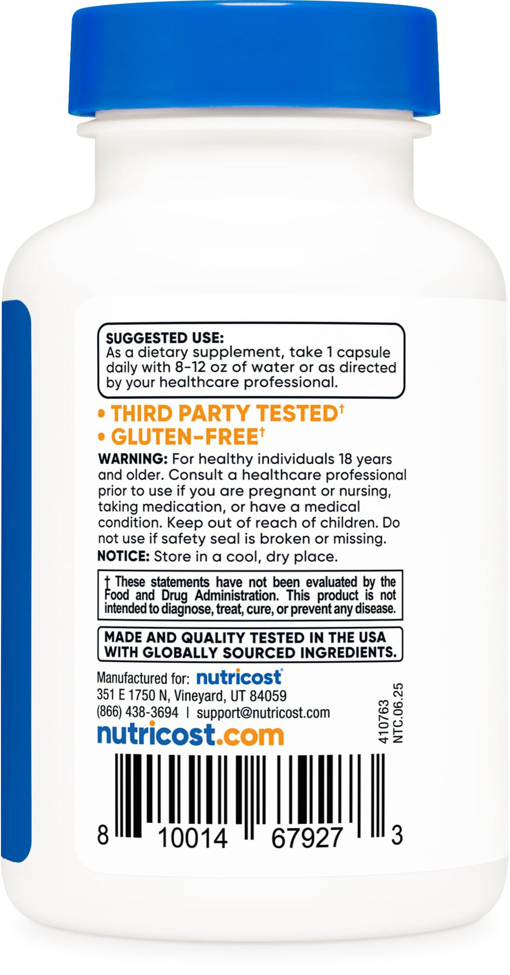 Nutricost KSM-66 botella abierta con cápsulas enfatizando cantidad por envase