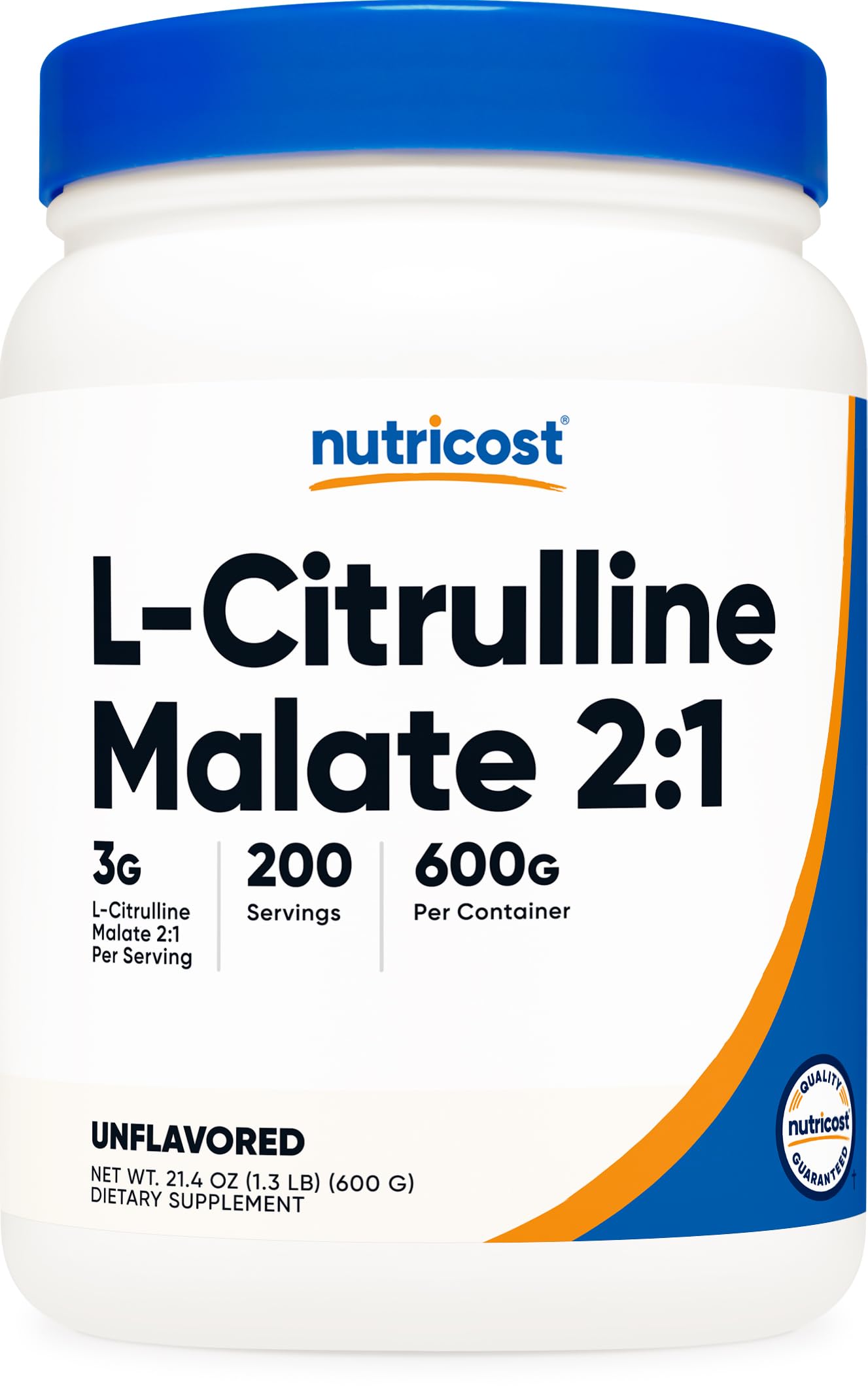 Envase frontal de Nutricost L-Citrulline Malate 600 g mostrando el diseño y cantidad