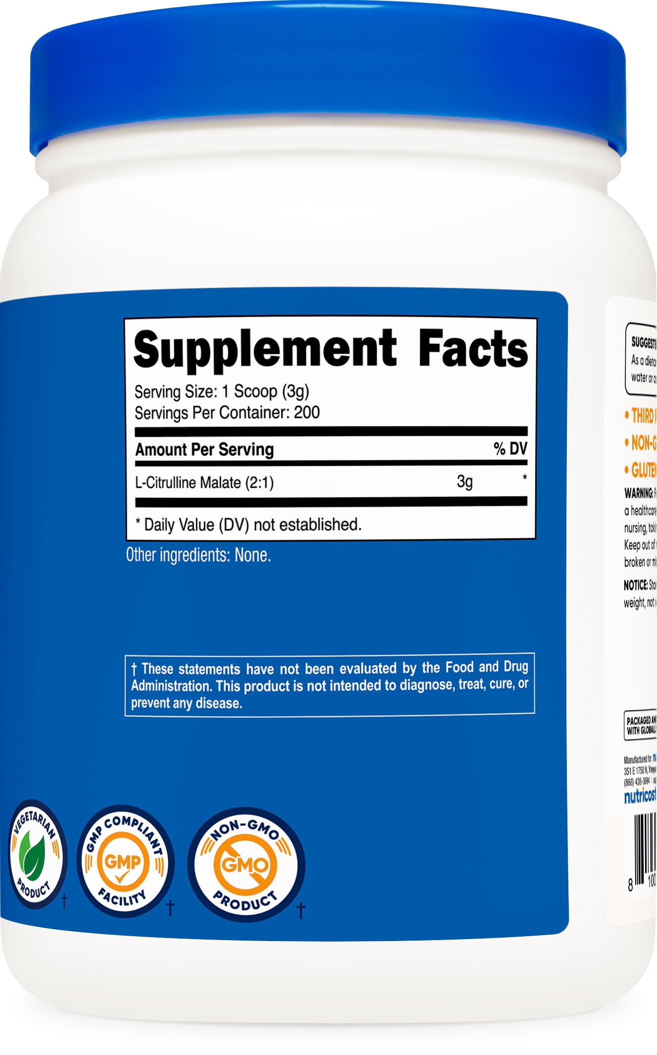 Comparación de tamaño del bote de Nutricost L-Citrulline Malate con una mano para escala