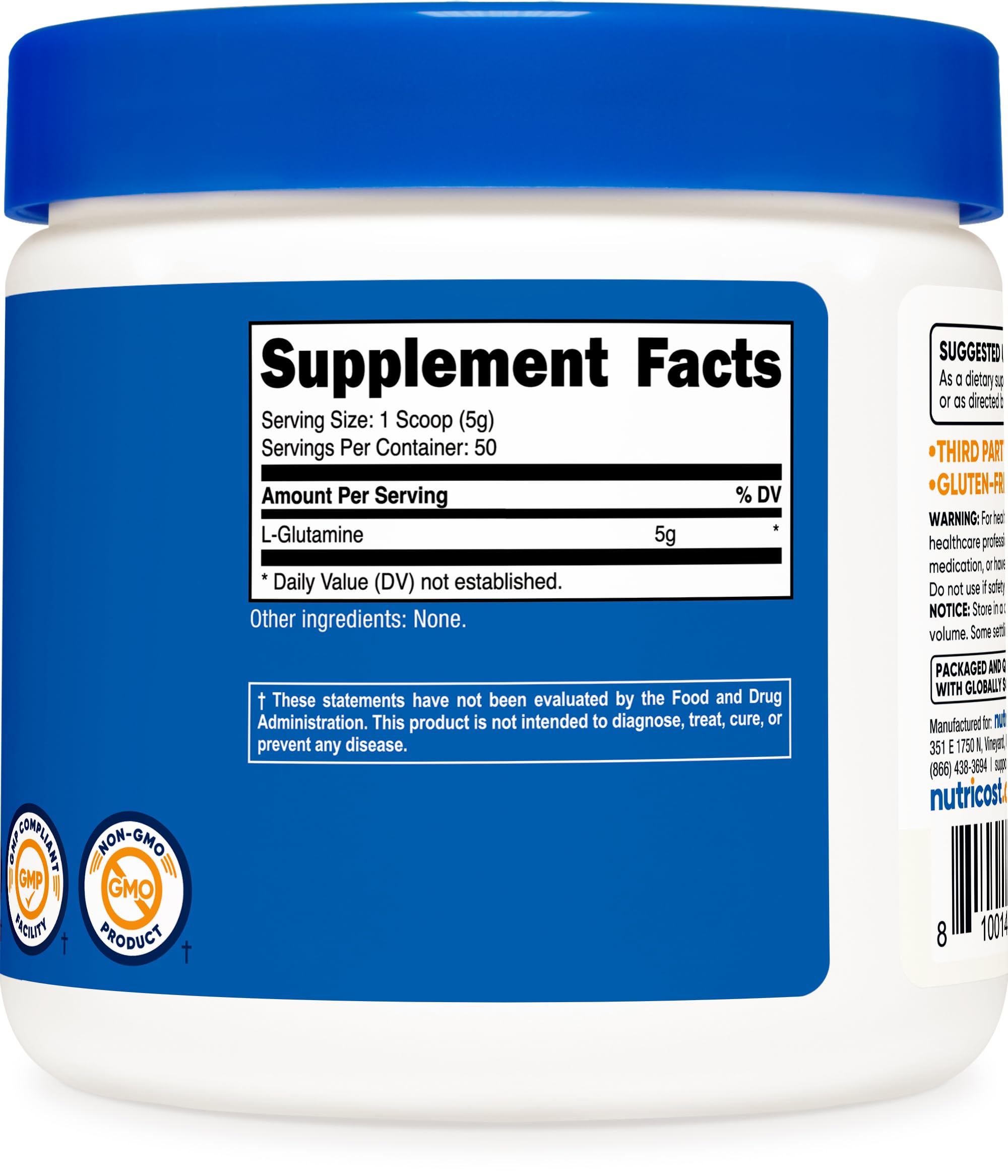 Nutricost etiqueta del producto con texto y certificaciones, claridad en ingredientes y calidad