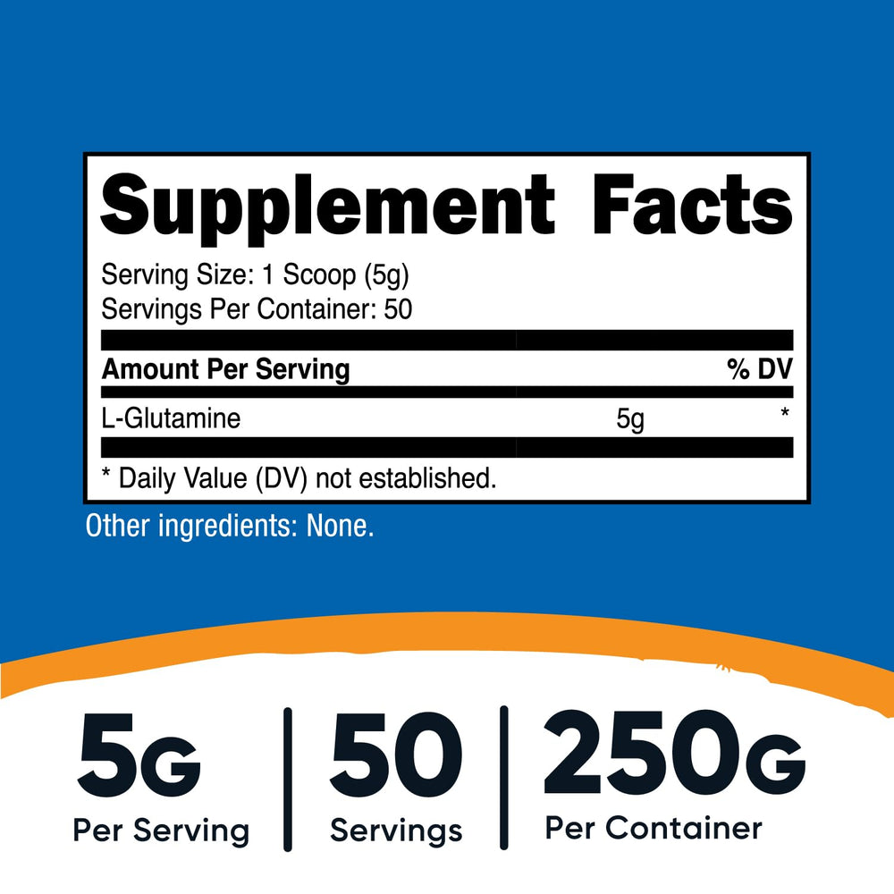 Nutricost detalle de la textura del polvo l-glutamine enfatizando pureza y mezcla fácil